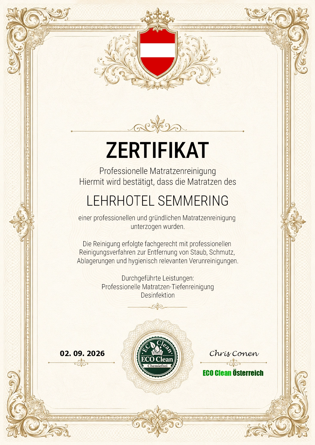 Zertifikat zur Matratzenreinigung im Lehrhotel Semmering vom 02.09.2026