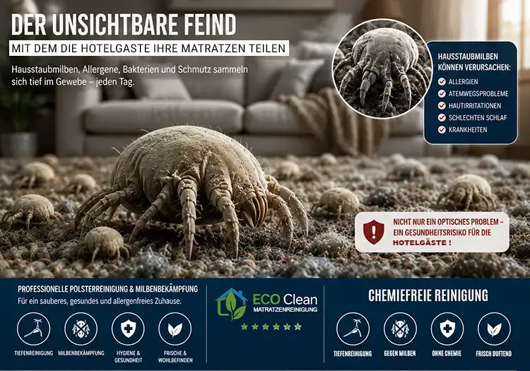 Der unsichtbare Feind, mit dem Hotelgäste ihre Matratzen teilen: Hausstaubmilben, Allergene und Bakterien. ECO Clean chemiefreie Matratzenreinigung & Milbenbekämpfung für Hotels.